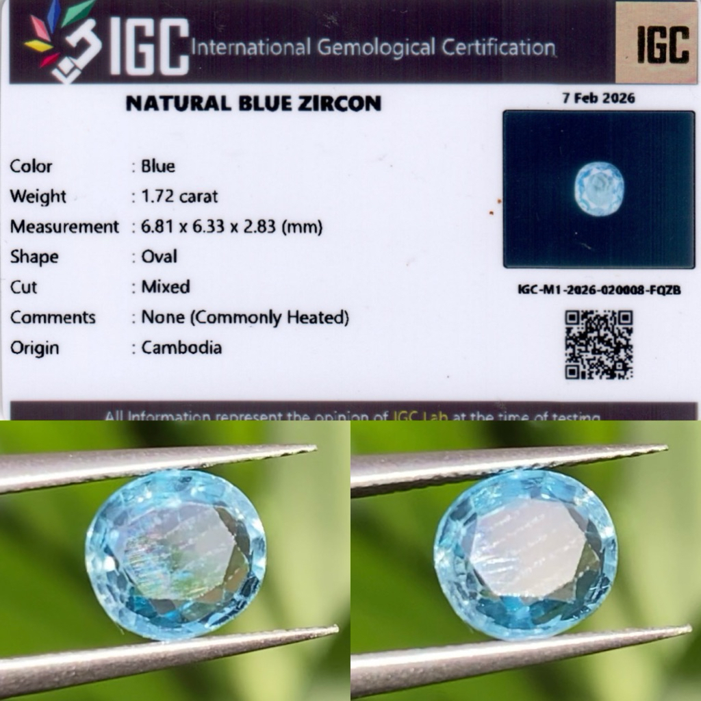 1,72 cts Natural Blue Zircon (Cambolite) origin Cambodia No Treatment Memo IGC