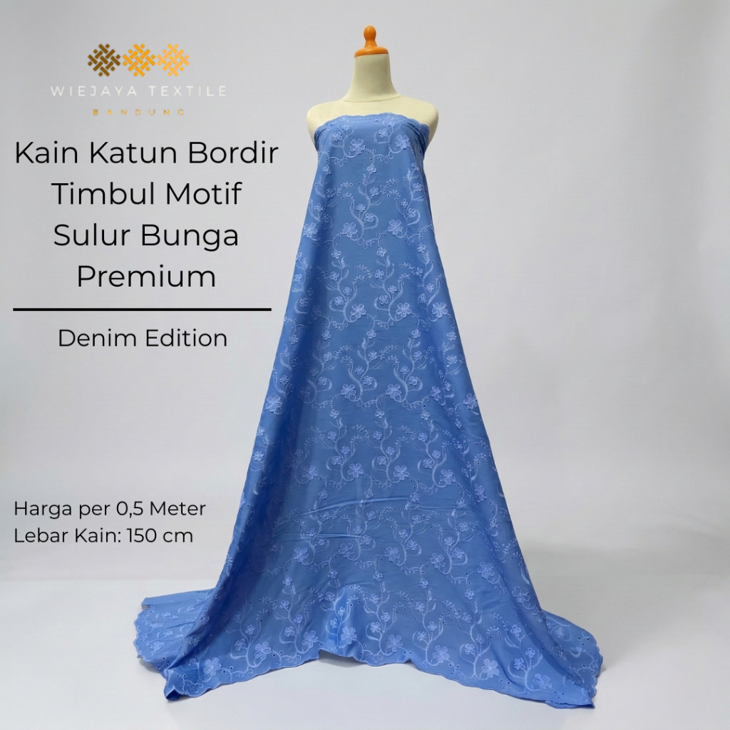 Kain Katun Bordir Timbul Motif Sulur Bunga Premium Warna Denim