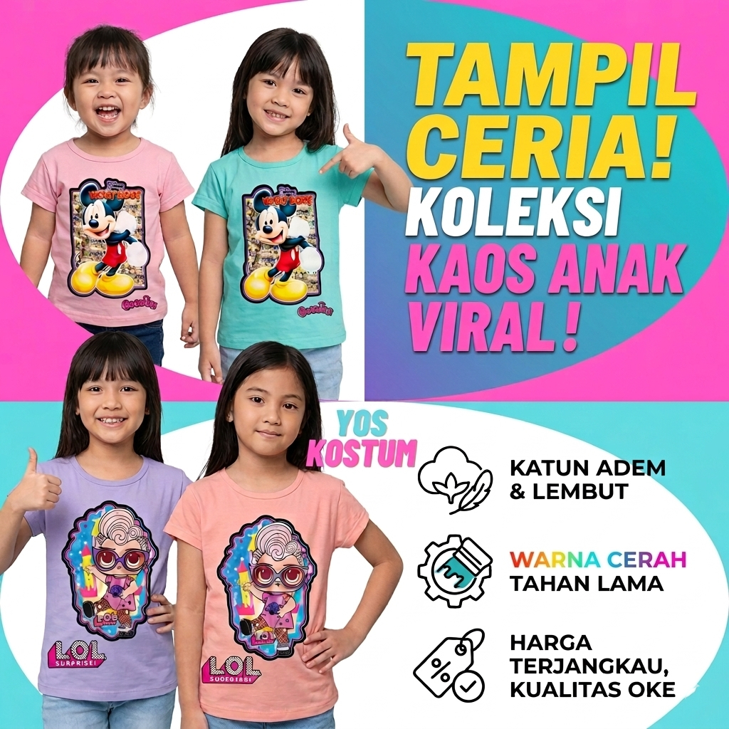 Kaos Anak Perempuan Baju Karakter Cewek Lol Mickey Minnie Mouse Coco Ice