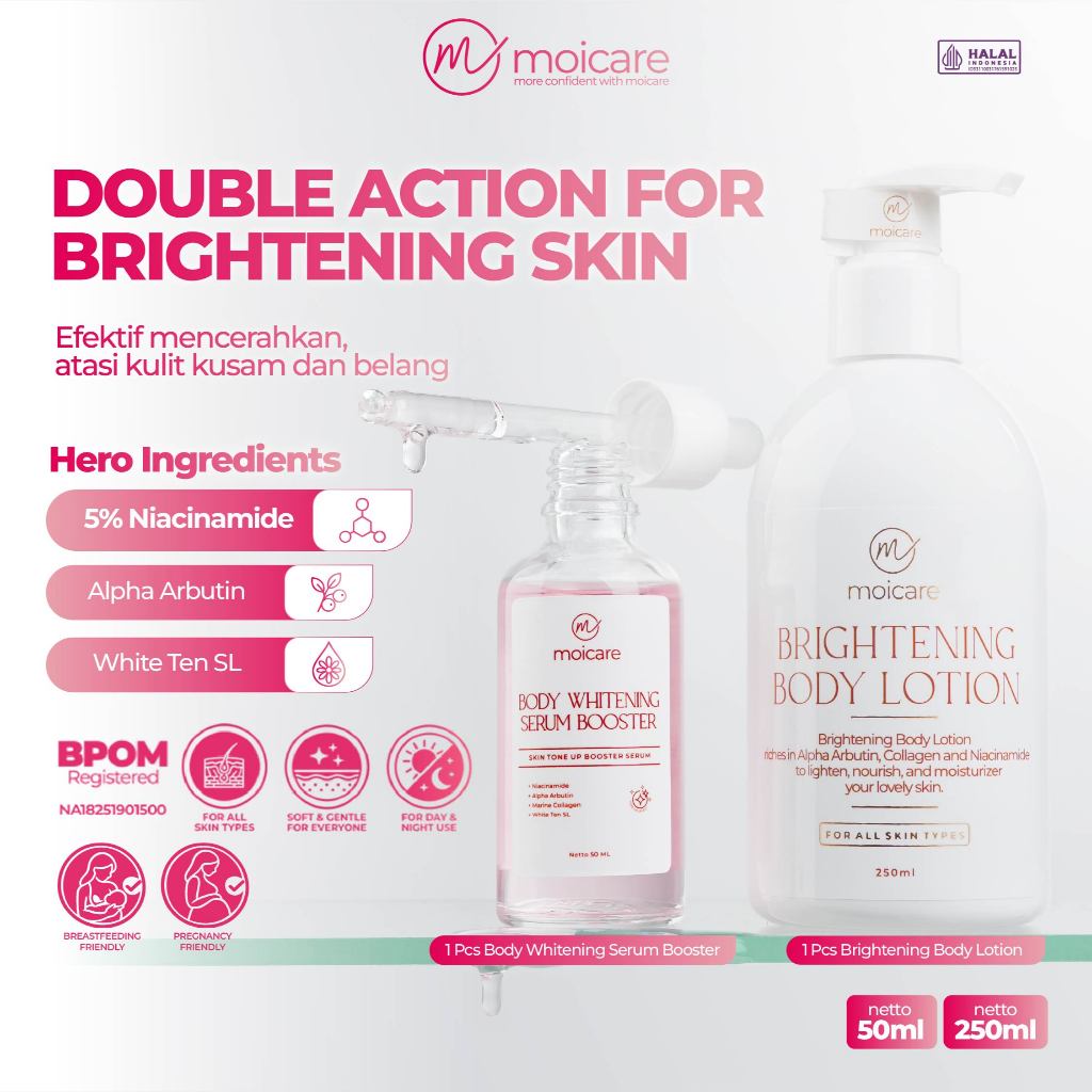 MOICARE Bundling Body Serum Booster 50ml + Brightening Body Lotion 250ml | Mencerahkan Kulit Kusam B