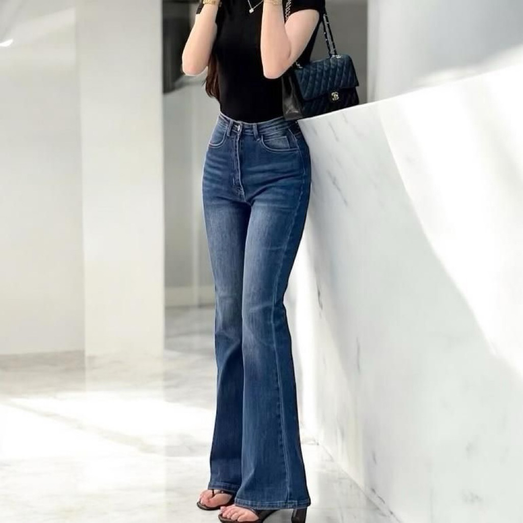 Zora - Jeans Cutbray Retro Wanita Highwaist Kekinian Stretch
