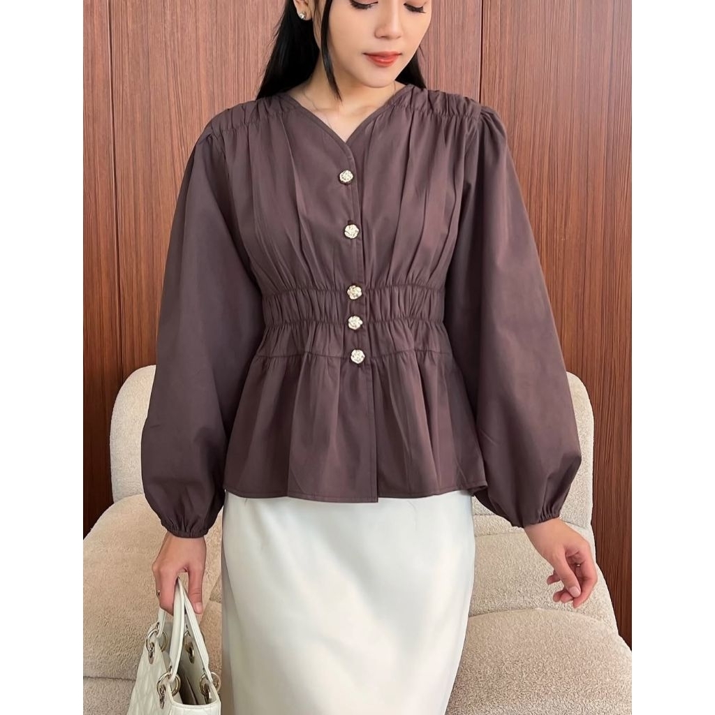 Valery Blouse Fitted Kerut Pinggang Polo Linen Lengan Balon Atasan Wanita Slim Fit