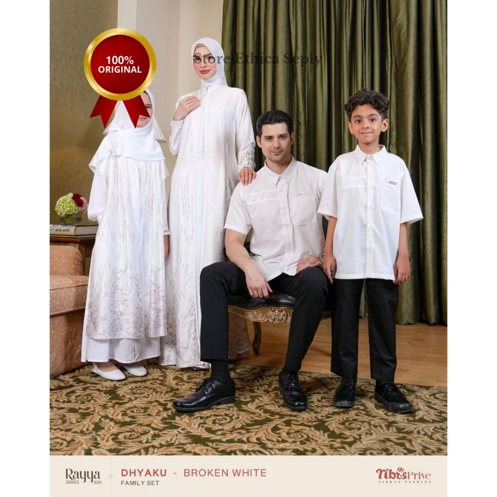 Nibras Sarimbit keluarga 2026 Dhyaku Broken White, couple muslim putih, gamis premium, koko putih pr