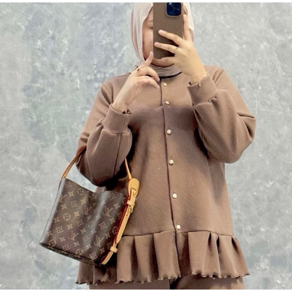 One Set Airish Setelan Cardigan Ruffle Busui Knit Celana Kulot Panjang Lengan Panjang Setelan Wanita