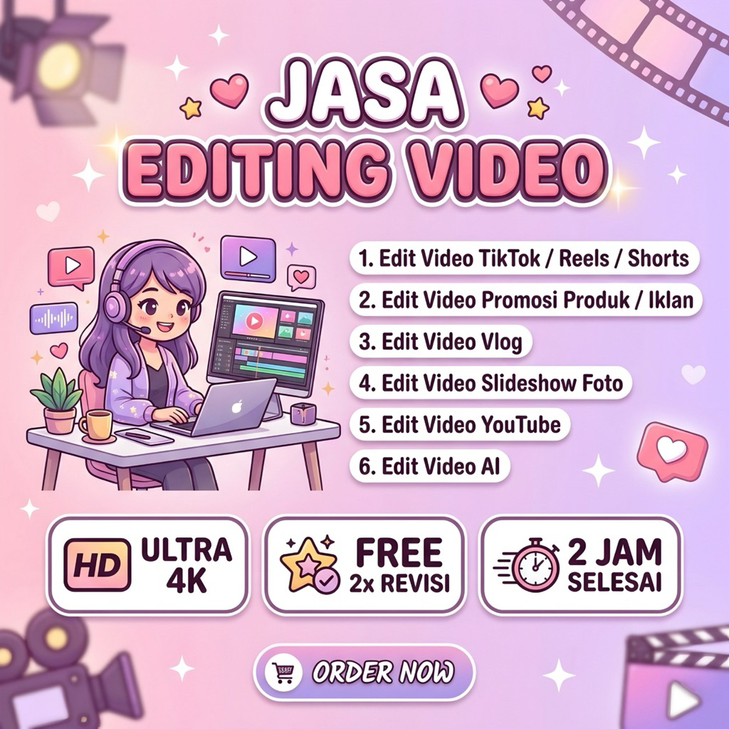 Jasa Edit Video TikTok, Reels, Shorts, YouTube, Vlog & Video AI | HD / 4K | Express Selesai 2 Jam