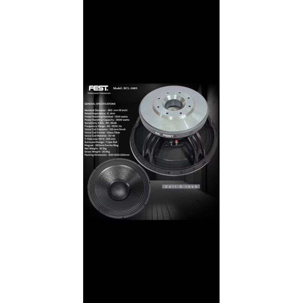 Speaker 18 inch FEST BCL-1885 tekstur kulit jeruk voice coil 5 inch