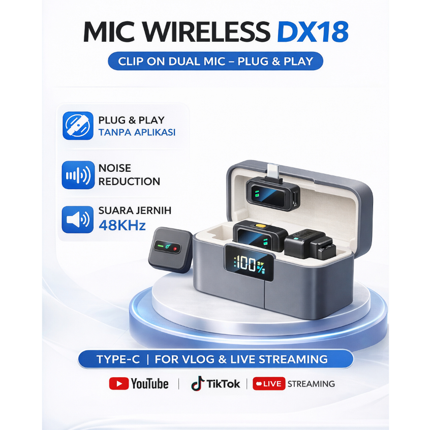 ZENTRO Mic Wireless DX18 Clip On Dual Mic Mikrofon Lavalier HP Type C untuk Vlog TikTok Live Streami