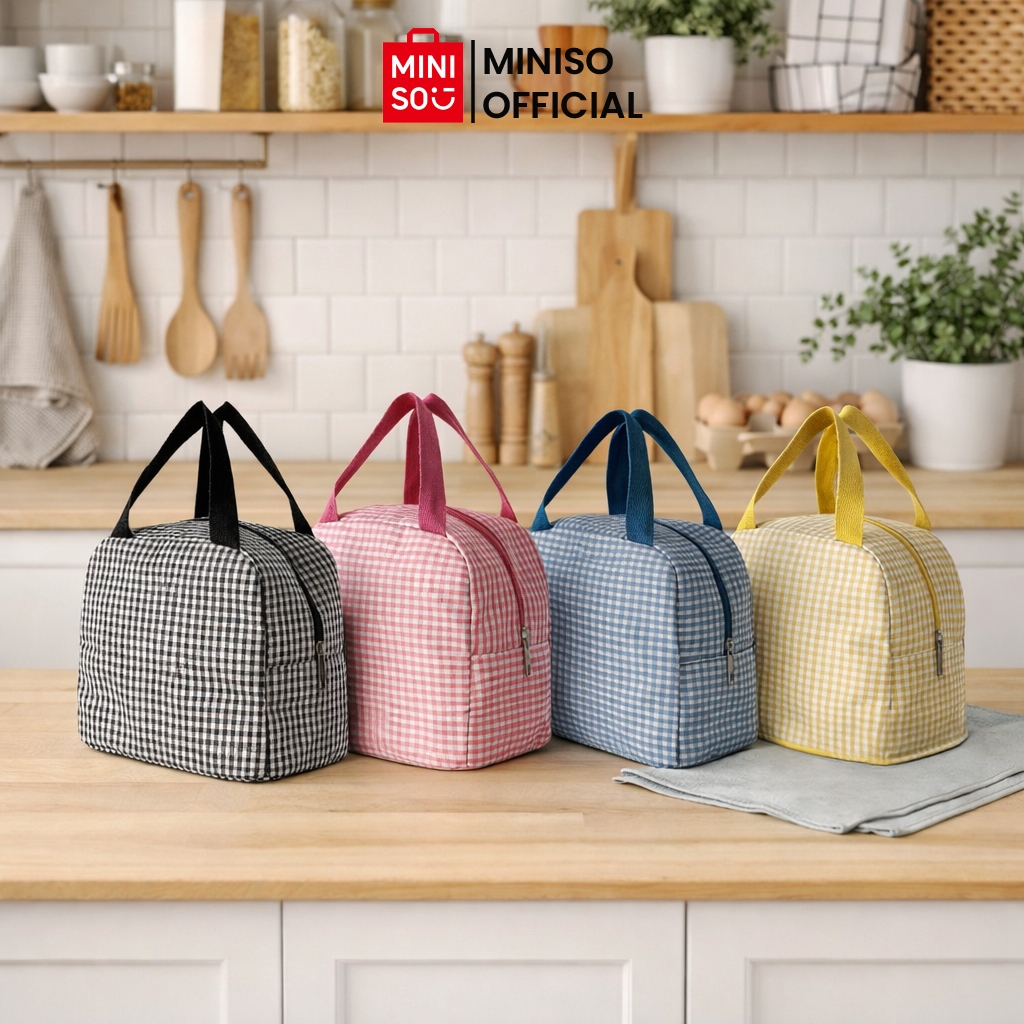 Miniso Classic Check Bento Bag - Tas Bekal Makan Kotak Lunch Bag Motif Kotak