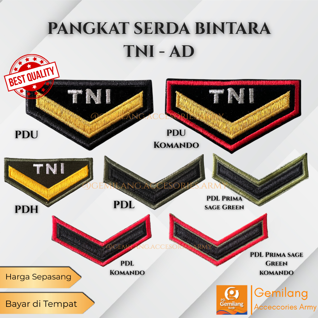 Pangkat SERDA PDU  TNI AD | Bordir Pangkat TNI AD | Pangkat PDH TNI AD | Pangkat PDL TNI | sepasang