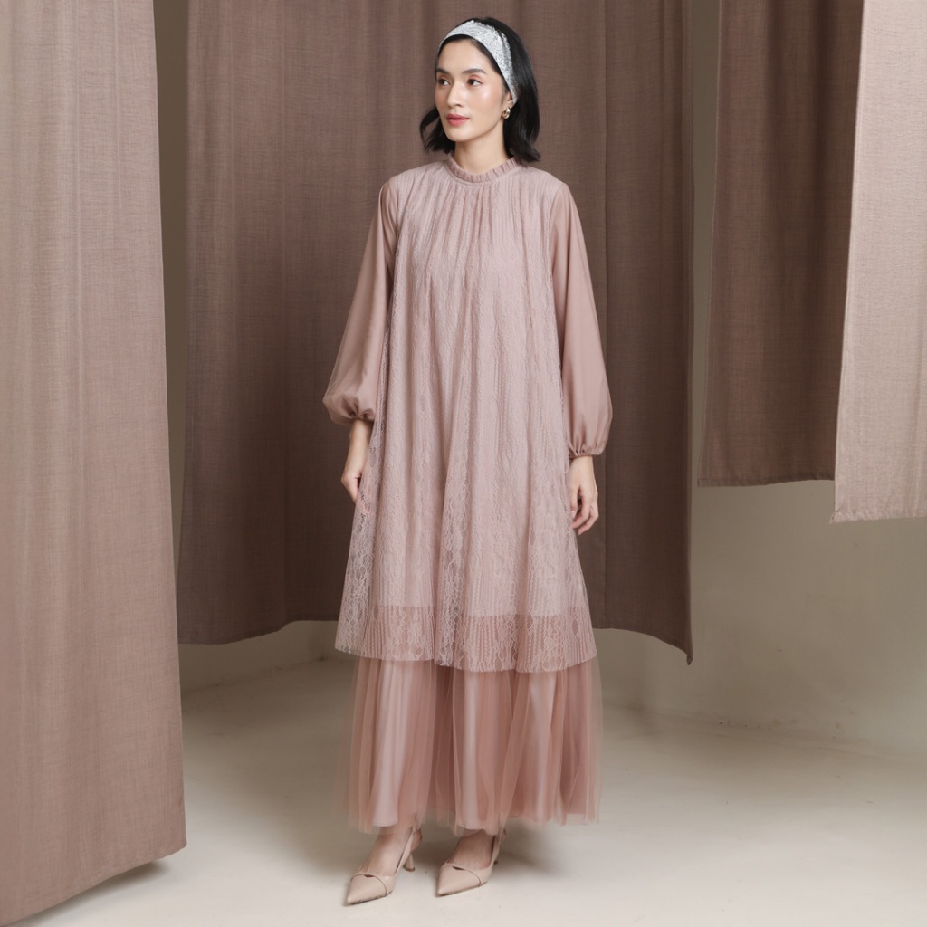 HijaChic Syahira Mauve Dress - Gaun Brukat Tulle Kondangan Elegan Best Seller