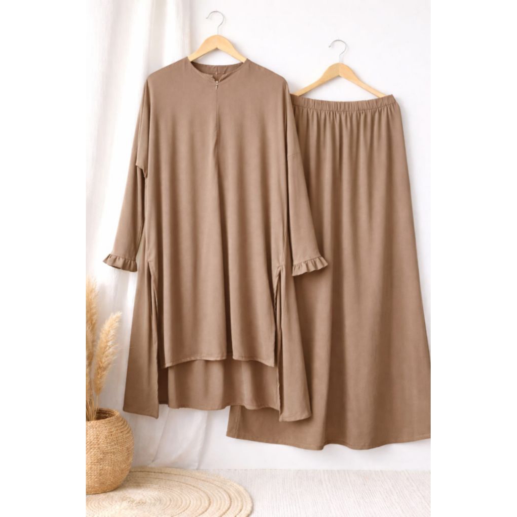 Setelan Tunik Rok Bahan Adem / One Set Muslimah Busui Friendly / Set Rok Tunik Ruffle