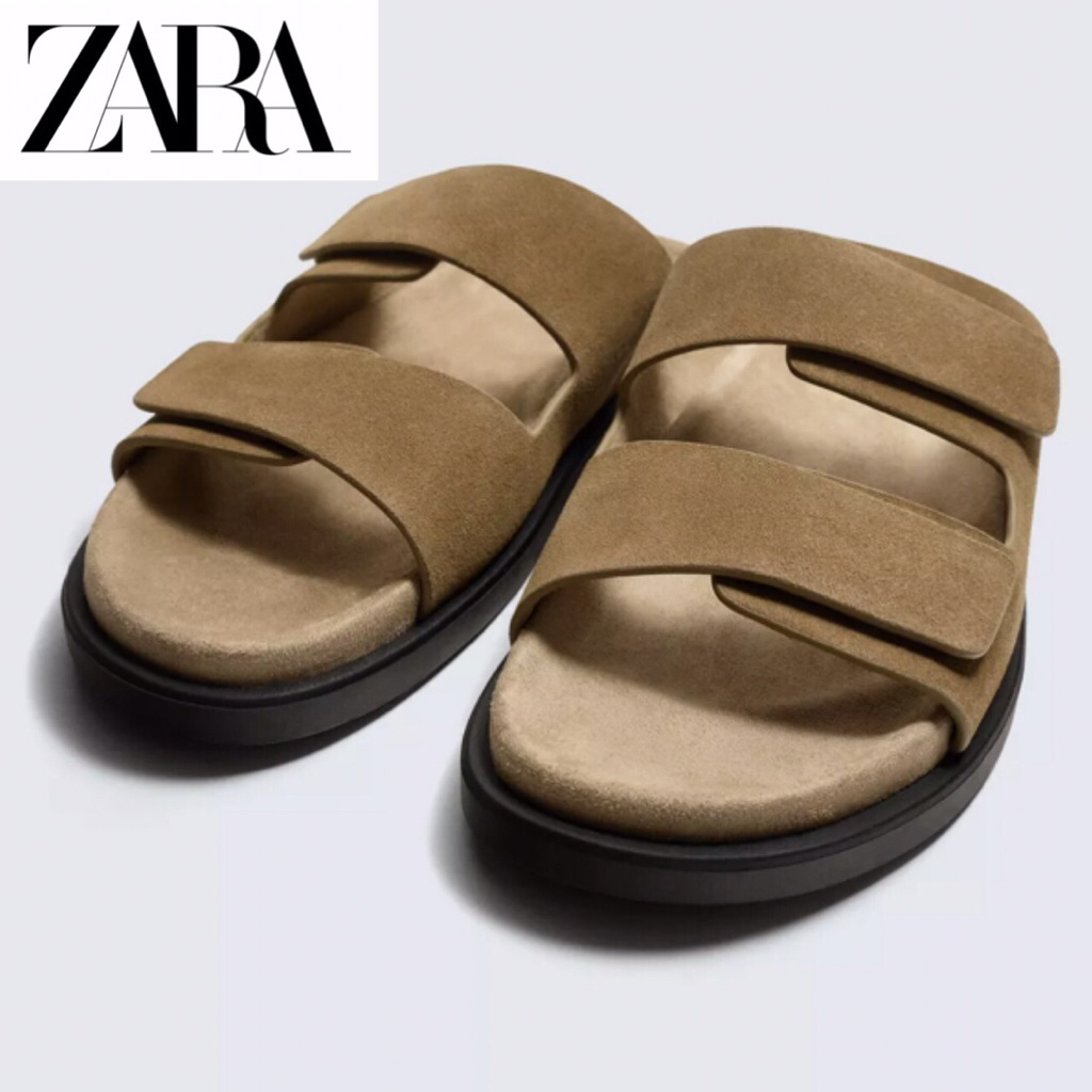 ZARA Men Sandal Double Strap Leather Sendal Pria Beige