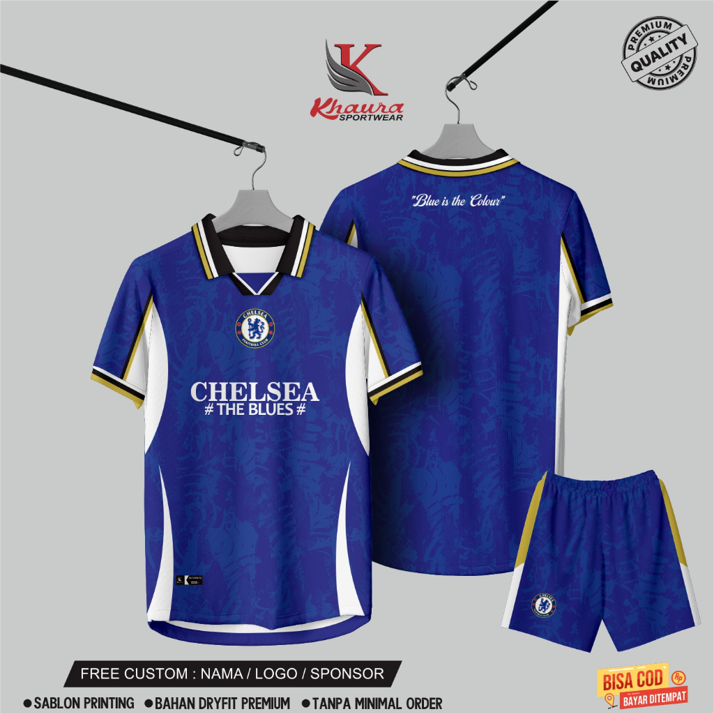 Jersey Sepatu Olahraga Chelsea Biru Putih Kuning Dryfit Premium Dengan Celana Pendek