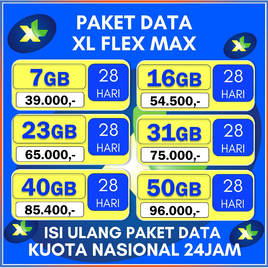 PAKET DATA XL FLEX  MAX 7GB 16GB 23GB 31GB 40GB 50GB 28HARI