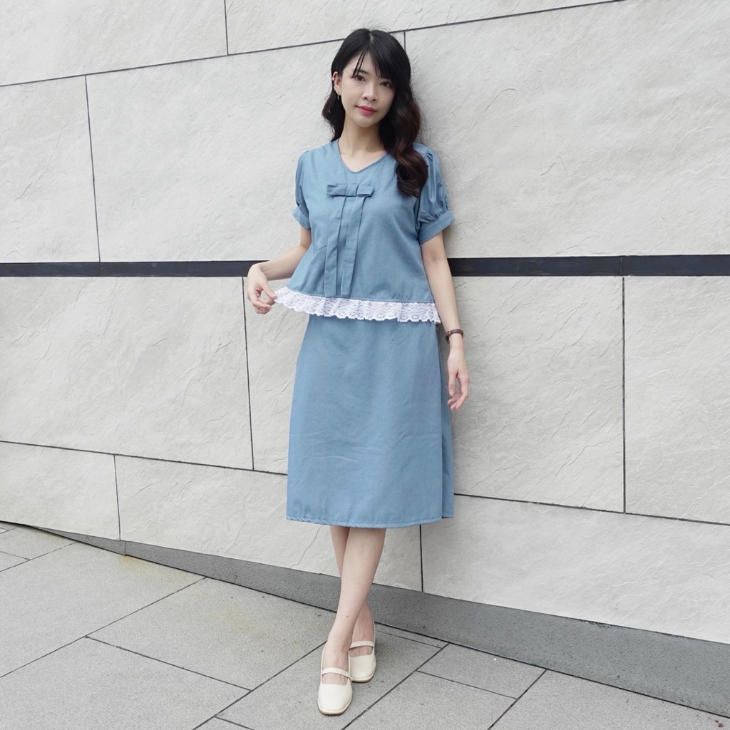YASUI - Lealina Denim Set | Setelan Atasan Bawahan Rok Denim Wanita | Setelan Denim