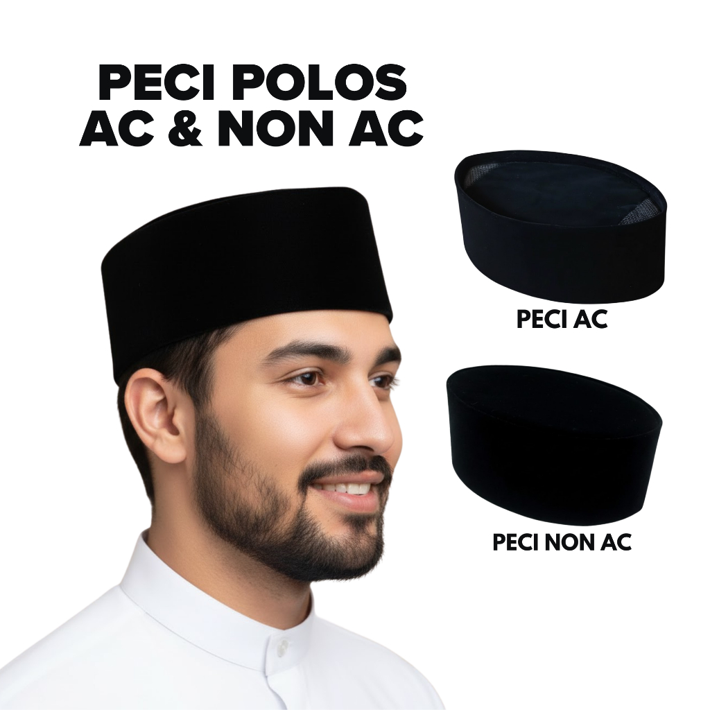 Peci Polos Hitam AC Kopyah Non AC Songkok Pria Dewasa Topi Muslim Anak Laki-laki Beludru Halus Premi