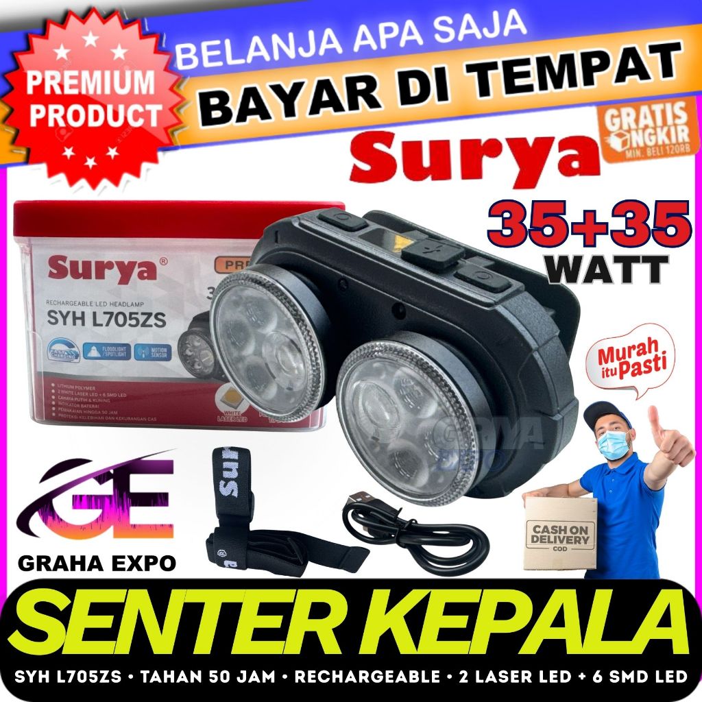 Surya Senter Kepala Premium 35w + 35w Laser LED Super Terang 70 Watt SYH L705ZS Cahaya Putih Kuning 