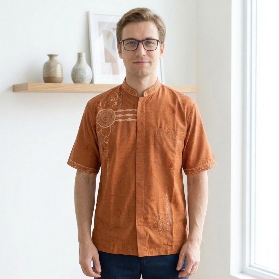 Bali Lestari Kemeja Koko Pria Oranye Lengan Pendek Motif Tradisional Kerah Kancing Depan