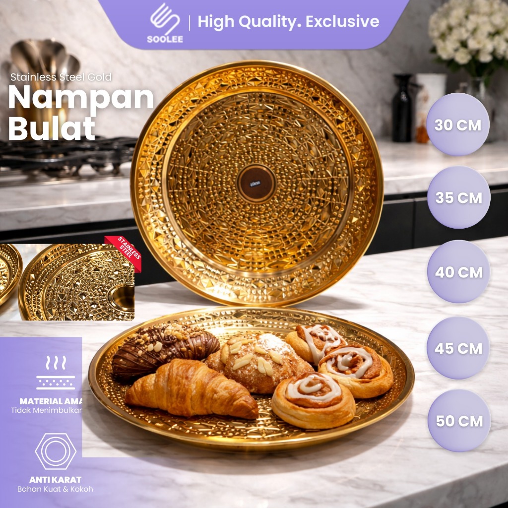 SOOLEE Piring Nampan Sultan Ukuran 30-50 cm Baki Bulat Gold Stainless Steel Aesthetic Anti Karat BPA