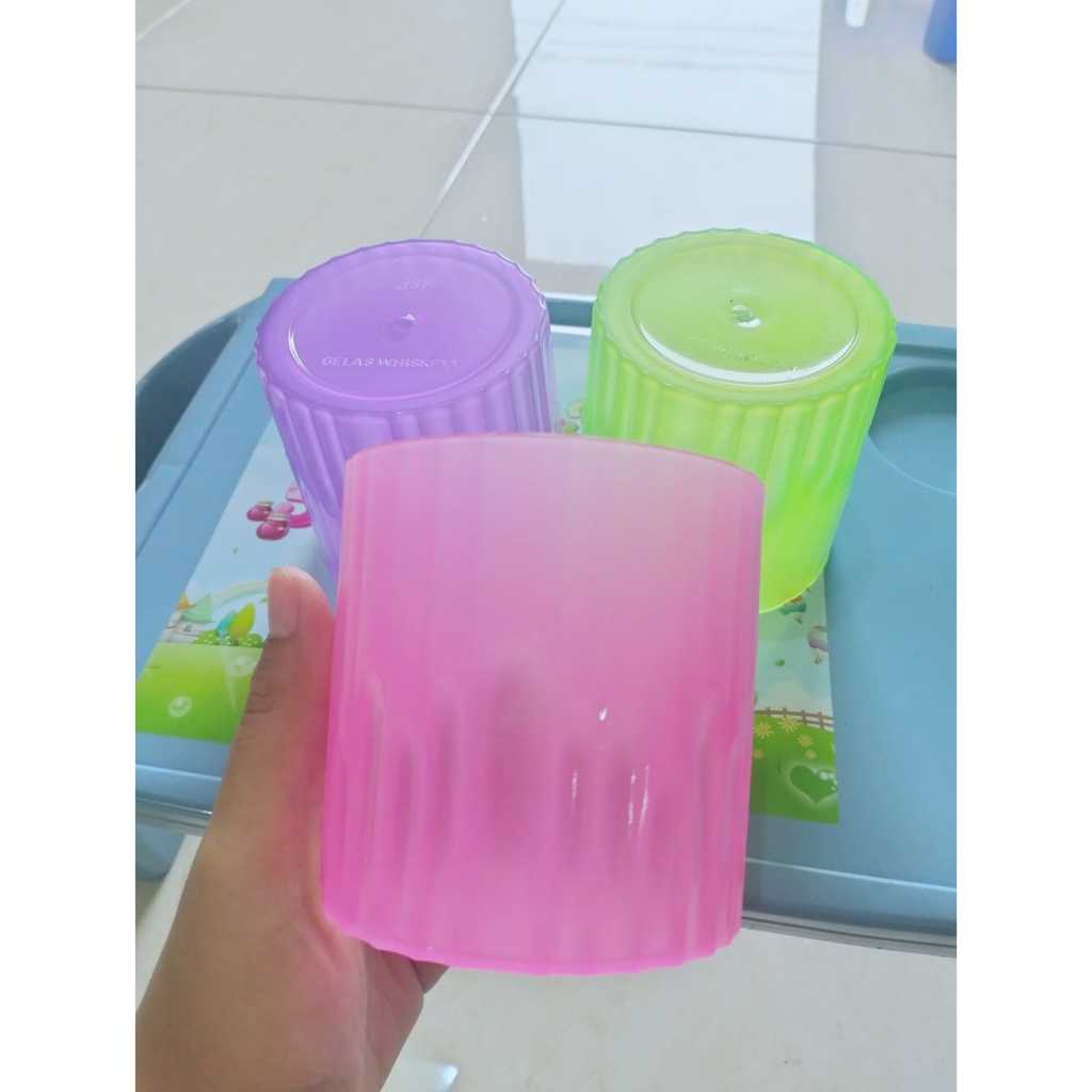 ( RGZ ) Gelas Whiskey // Gelas Minum Motif Garis // Gelas Minum Warna Random