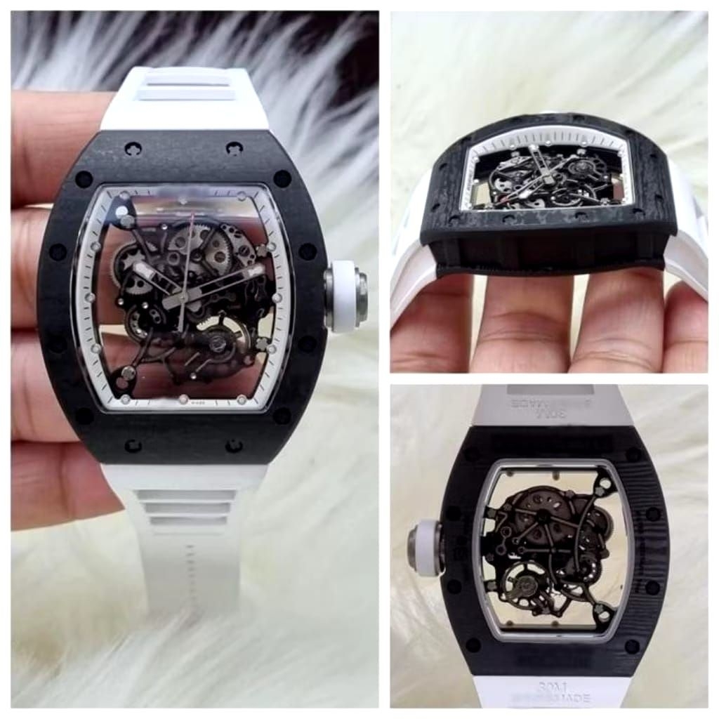 JAM TANGAN PRIA/COWOK/RM055 BUBBA WNATSON BLACK CARBONCASE 42MM WHITE RUBBER STRAP/JAM TERBARU/JAM T