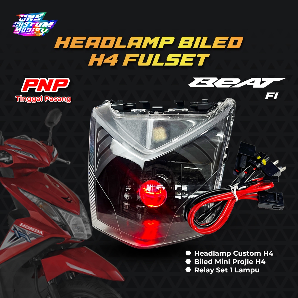 Headlamp Biled Fullset Mini H4 Motor Beat Fi 2012 2013 2014 2015 2016 Lampu LED Utama Pnp Relay