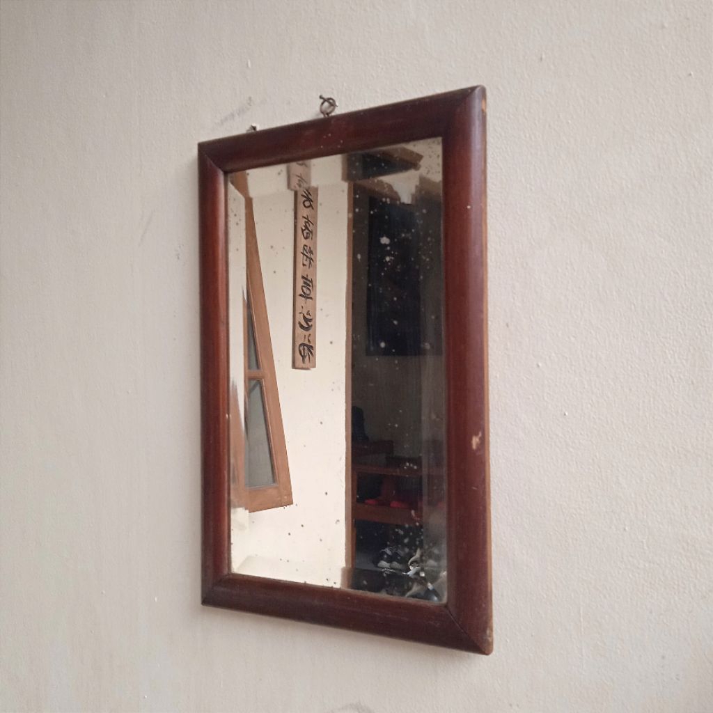 Antik Vintage Cermin Dinding Kaca Bevel Frame Kayu Jati Warna Asli Lama Uk.31x46cm Utuh Kuno Layak K