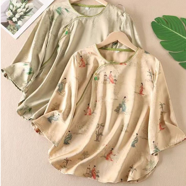 Retro nasional style lengan pendek T-shirt elegan tencel satin temperamen wanita top