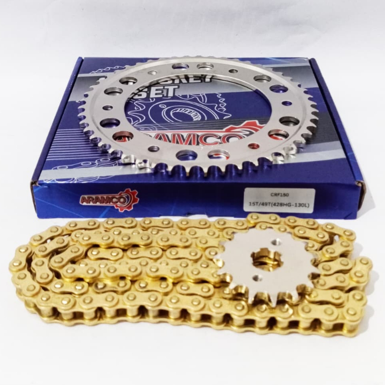 GEAR PAKET BAJA CHROME CRF 150 15/49T (428HG-130L) GIRSET CROM SPROCKET RANTAI GOLD ARAMCO