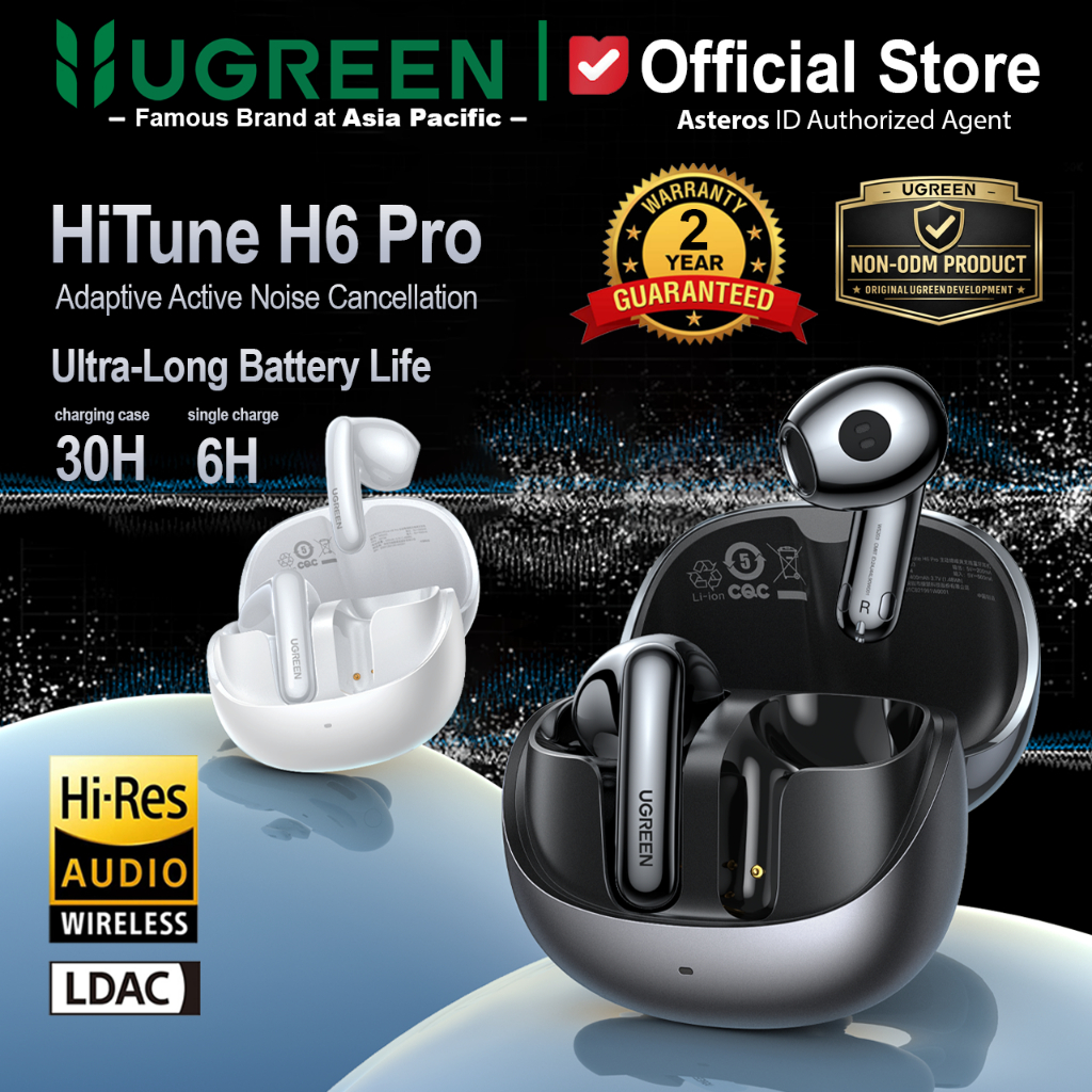 UGREEN HiTune H6 Pro Earphone Headset Wireless TWS Bluetooth 5.3 Hi-Res Audio Hybrid ANC LDAC For iP