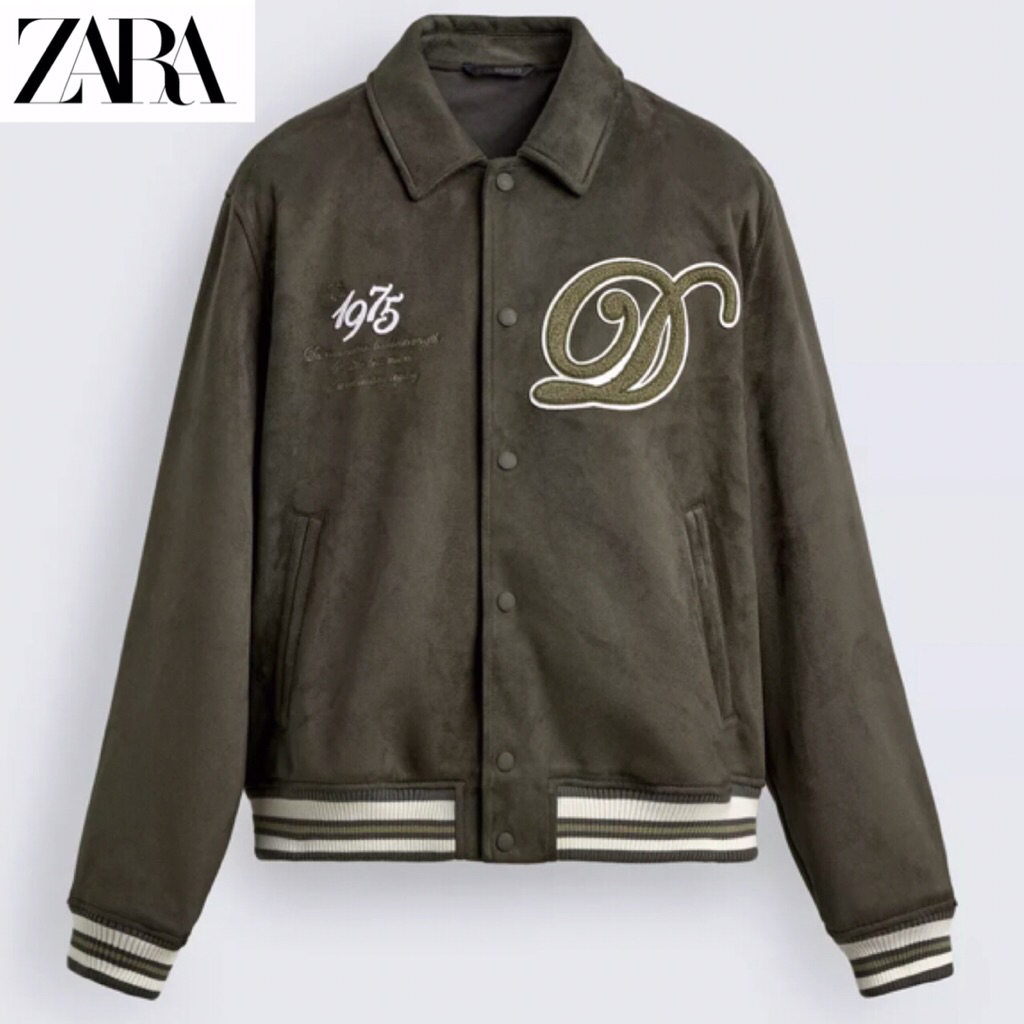 ZARA Men Faux Suede Bomber Jacket Jaket Varsity Pria Light Khaki