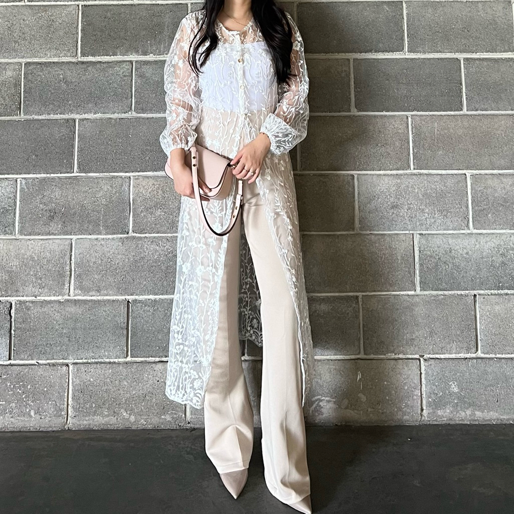 NEW MOTIF Yasmin Outer Tunik Mahogany Brown Brukat Dress Putih Lebaran Hijab Dress Tulle Outer Tile 