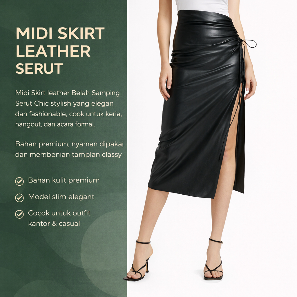 Rok Midi Kulit Wanita High Waist – Rok Bodycon Serut Belah Samping Slim Fit
