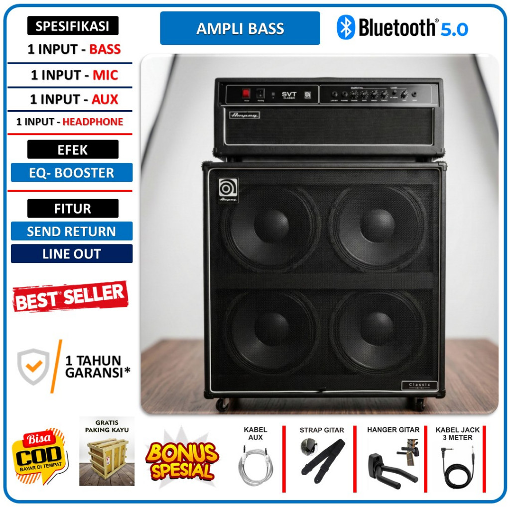 Ampli Bass 4x12 Inch bluetooth bisa untuk karaoke Ampeg 3 Input Head Cabinet Bonus Kabel Jack 3 Mete