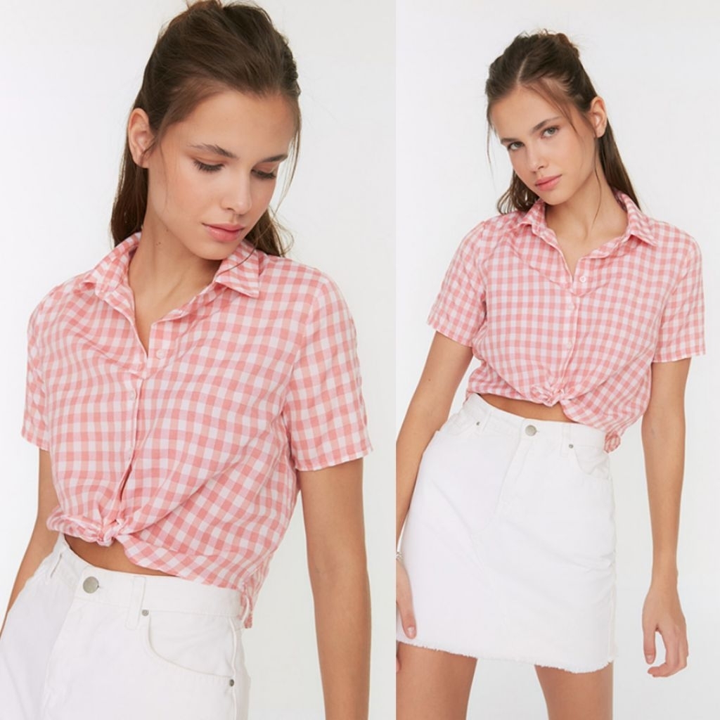 STRADIVARIUS KEMEJA BLUS WANITA KOTAK MERAH BARU ASLI ORIGINAL