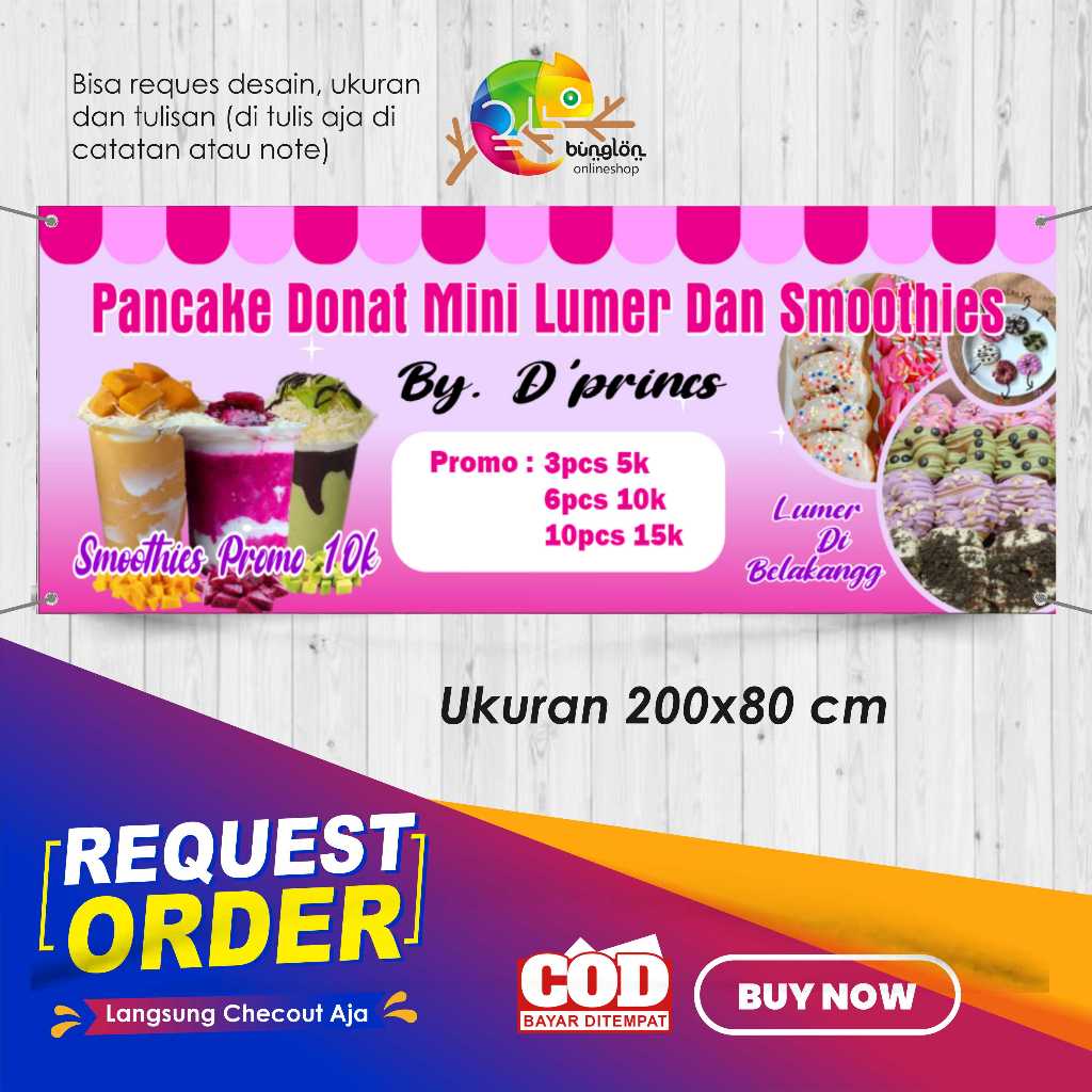 cetak spanduk banner 200x80 pencake donat mini lumer custom desain