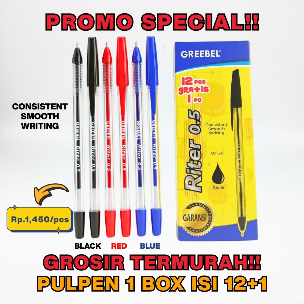 Pulpen Bolpoin Greebel Riter 0.5 Biru 1 Pak (13PCS) Original Pulpen