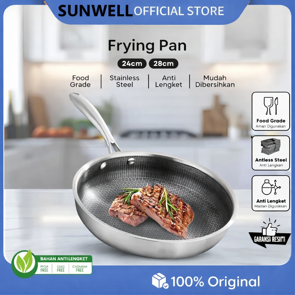 Wajan Goreng Stainless Steel Honeycomb Anti Lengket Aman untuk Ibu & Bayi Premium Frying Pan 24cm / 