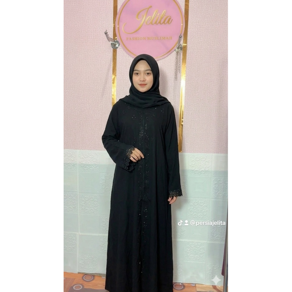 gamis abaya bahan sabrina anti UV warna hitam full swarovski full dri atas sampai bawah tangan renda