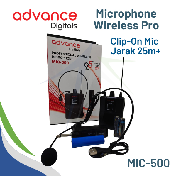 Mic Wireless Clip On Bando ADVANCE Jarak 50m GARANSI RESMI Original LED Display Charge USB + AA 2x