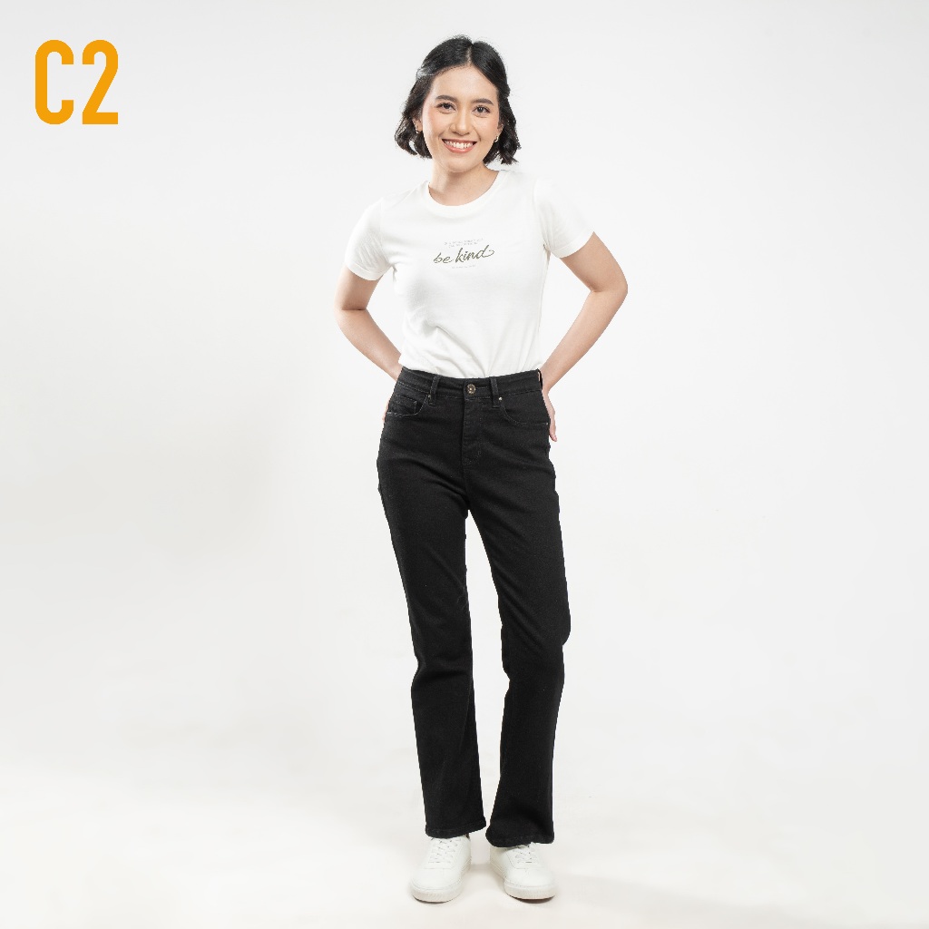 C2 Tropic Black Dual Push Bootcut Highwaist Jeans Wanita