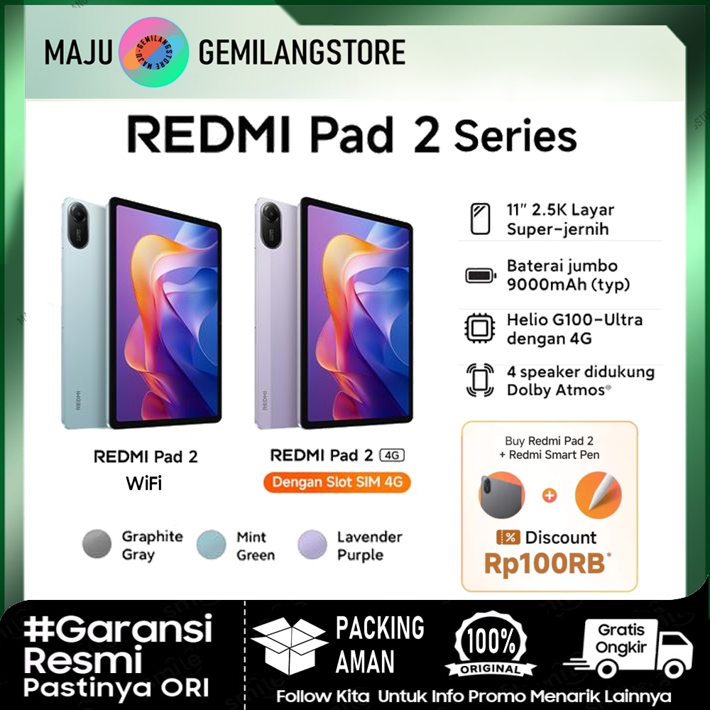 Xiaomi REDMI PAD 2 - 4G / LTE Ram 6+128GB / WIFI ONLY Ram 4+128GB - REDMIPAD2 Tablet/ Tab Layar 11" 