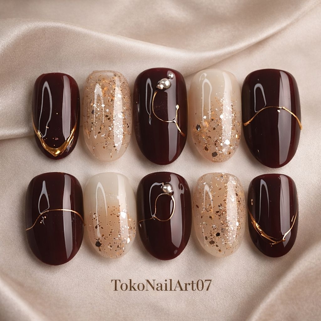 Press On Nails Maroon Elegan Gold Line | Kuku Palsu Premium Glitter Nude | Nail Art Handmade Mewah T