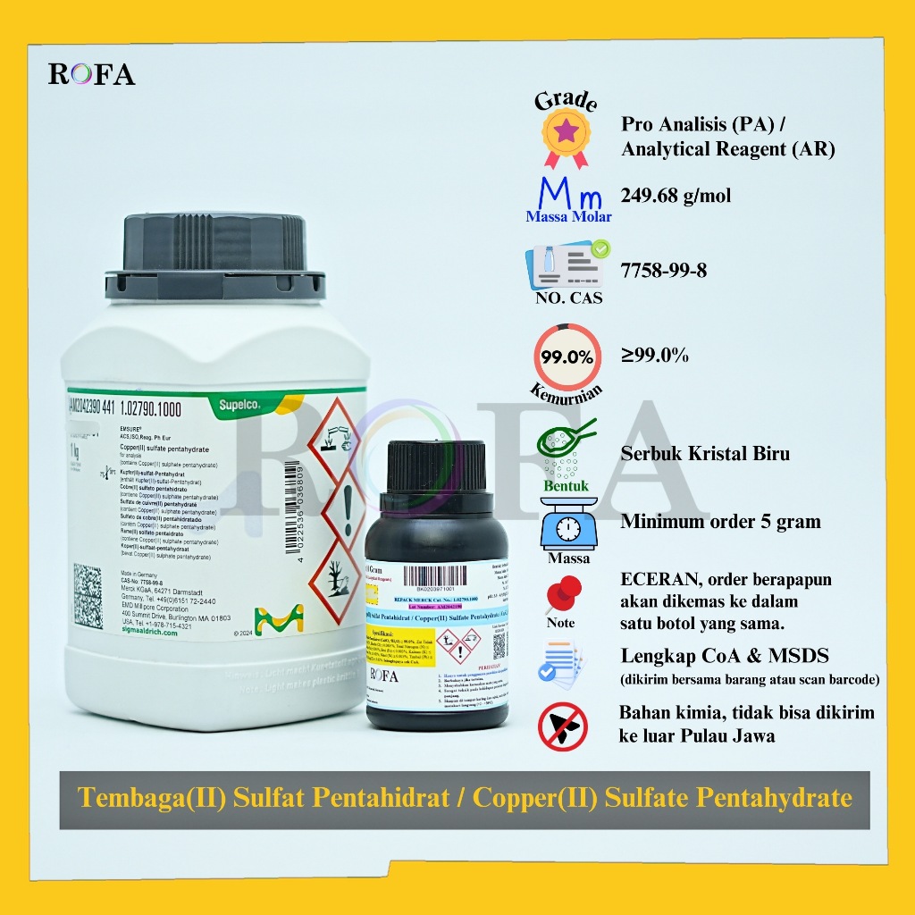 Tembaga(II) Sulfat Pentahidrat / Copper(II) Sulfate Pentahydrate / CuSO4.5H2O Pro Analisis Eceran 1 