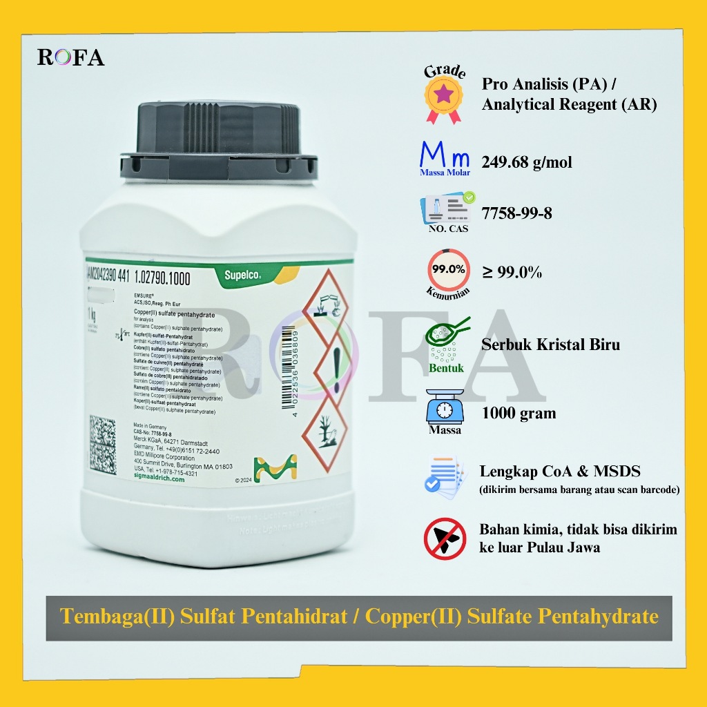 Tembaga(II) Sulfat Pentahidrat / Copper(II) Sulfate Pentahydrate / CuSO4.5H2O Pro Analisis 1000 Gram