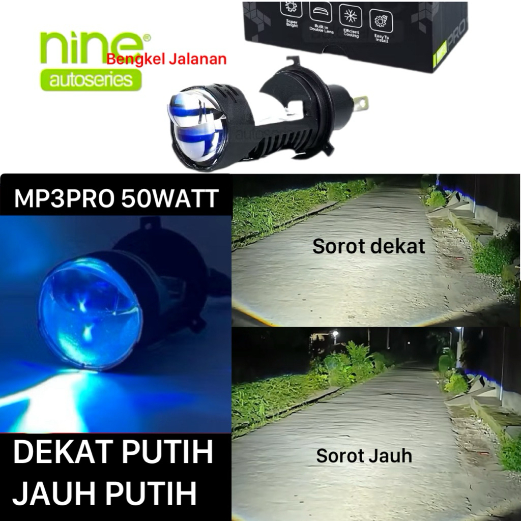 Lampu Led Laser H4 Mobil Luminos 50 Watt Mini Biled Laser Blue Lens Flat Cut Off Projectors -H4