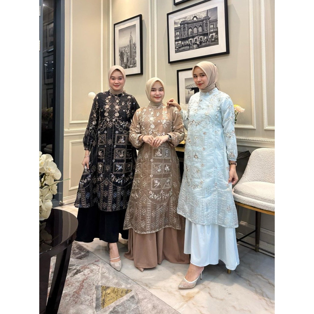 Gamis Modis bahan Organza milky bordir model susun (menyatu) mix furimg Marbella twill Retliting bel