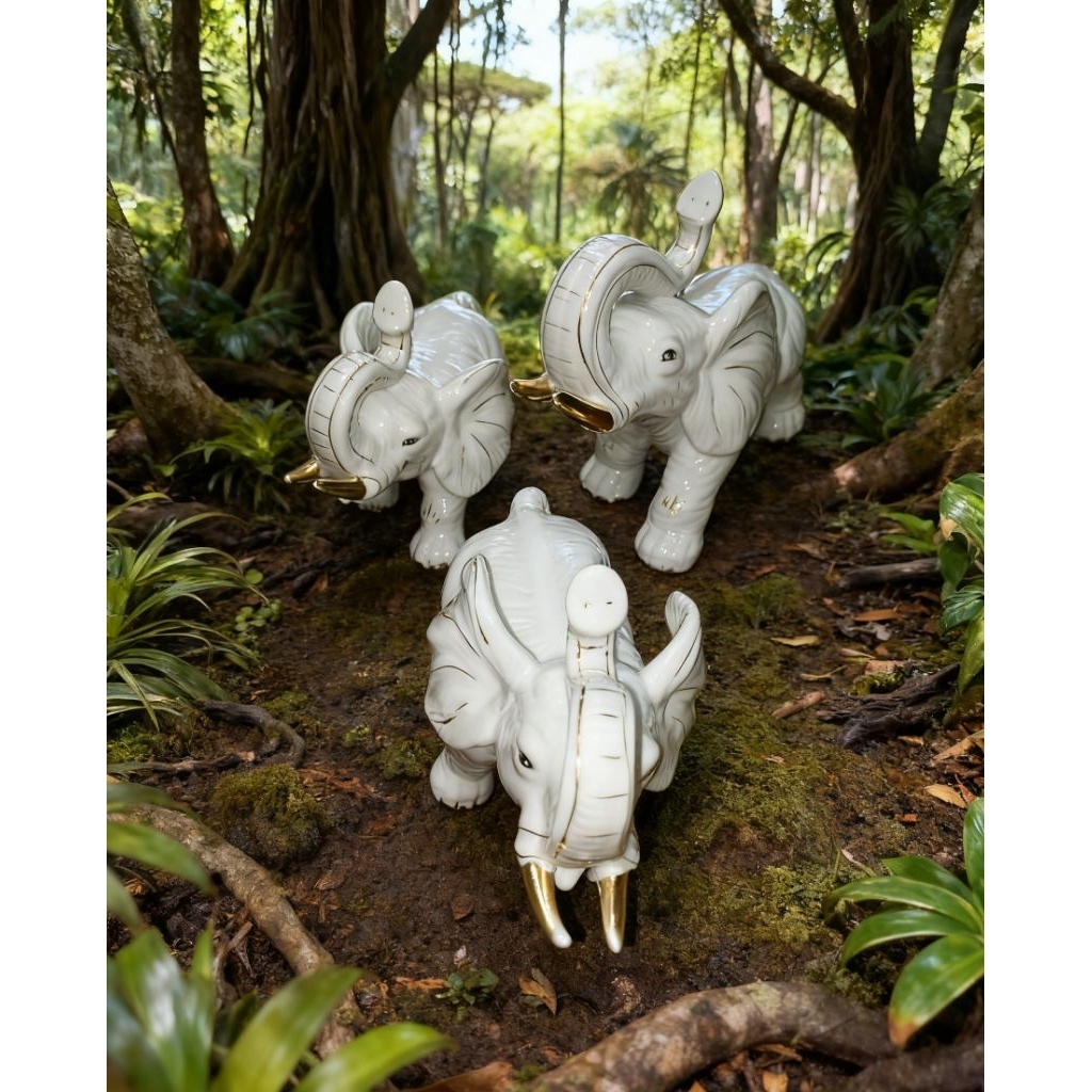 Keramik pajangan meja dan lemari 3 set Gajah putih preloved second bekas kolpri