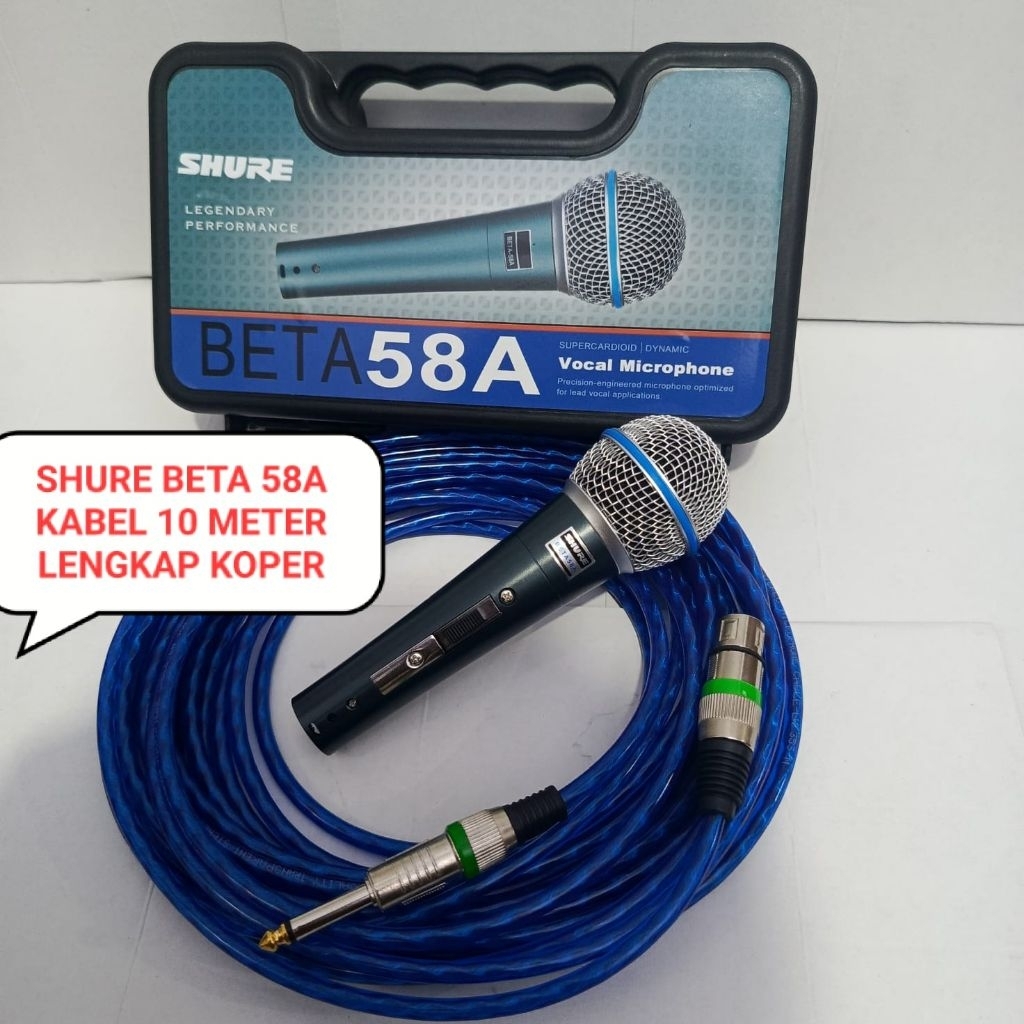 mik SHURE Beta 58a,kabel 10 meter, lengkap koper, mik vocal FUUL besi