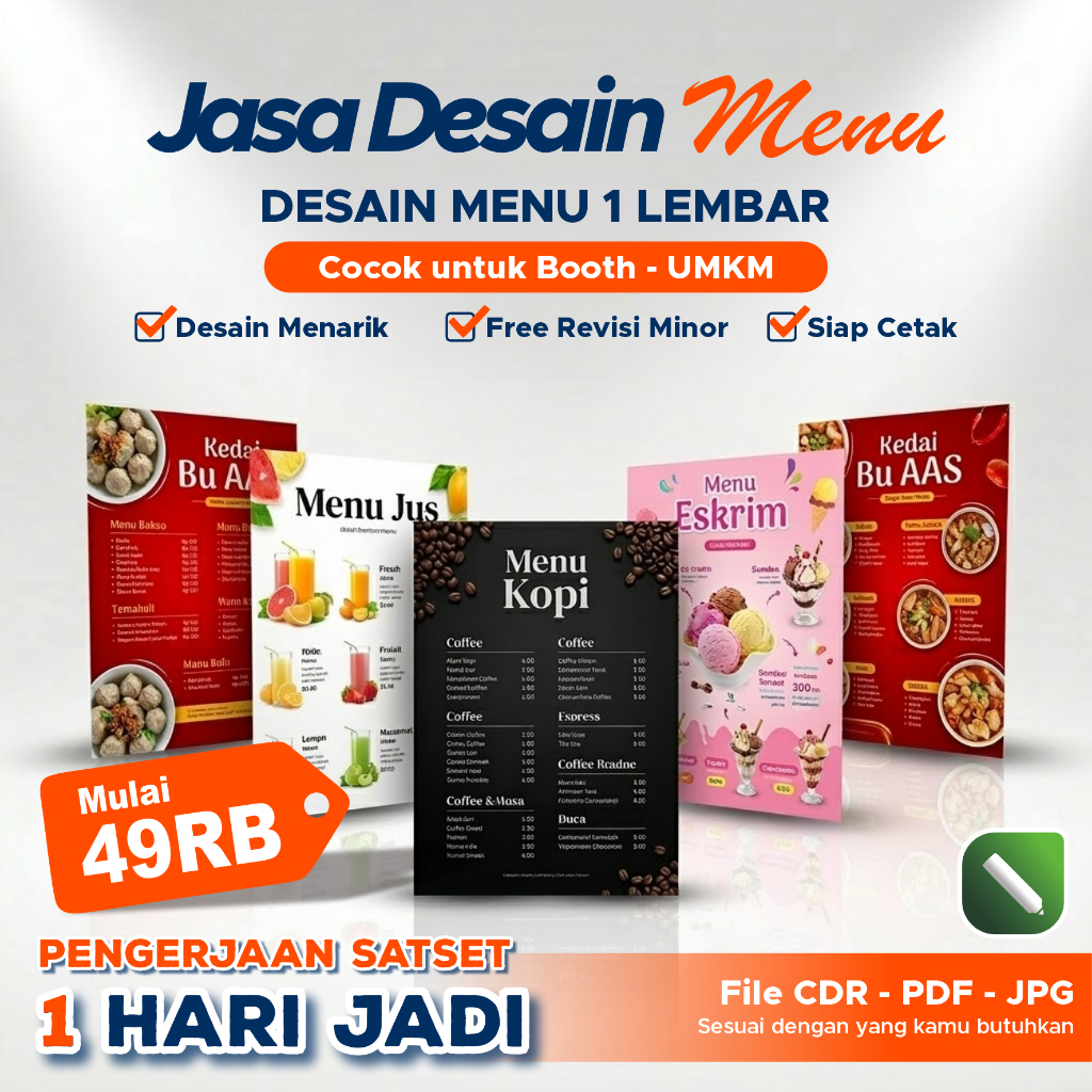 Jasa Desain Menu Makanan 1 Lembar | Menu Minuman Cafe, Warung, Kedai, Resto | Desain Menu Profesiona